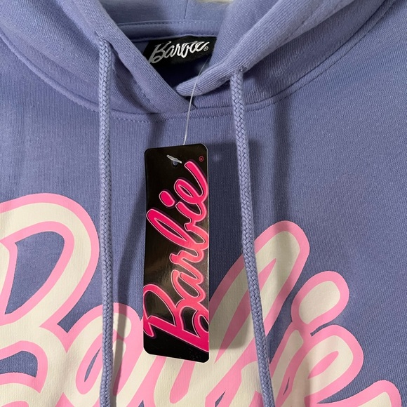 NWT Barbie Purple Crop Top Hoodie with Pink, White, Purple Stripe Cuffing - Picture 4 of 7